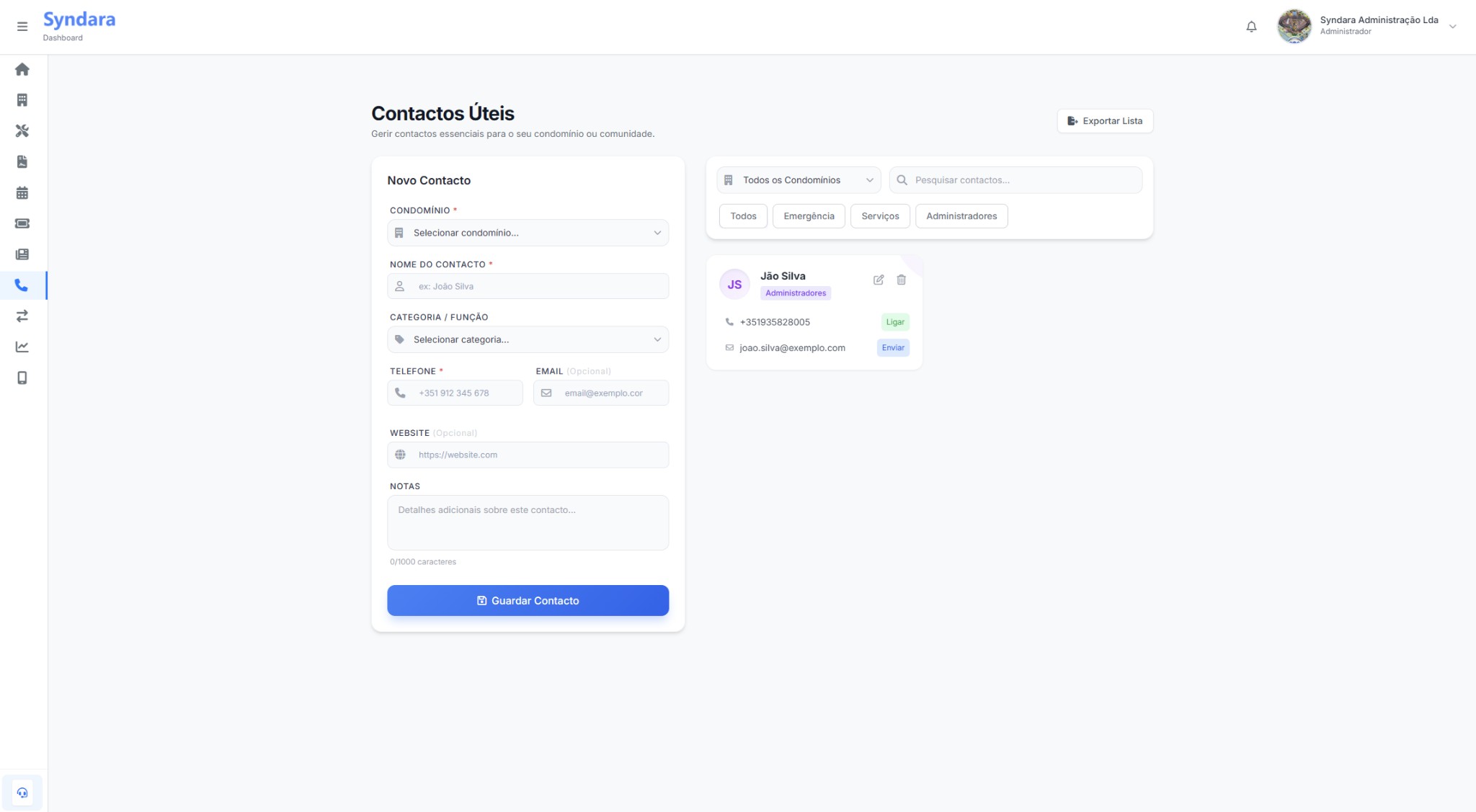 Contactos Úteis Web - lista e formulário na mesma página