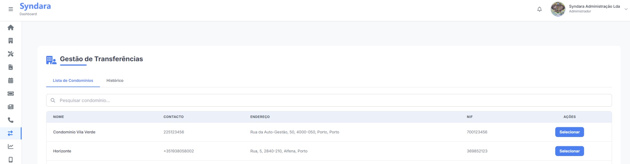 Gestão de Transferências - Lista de Condomínios